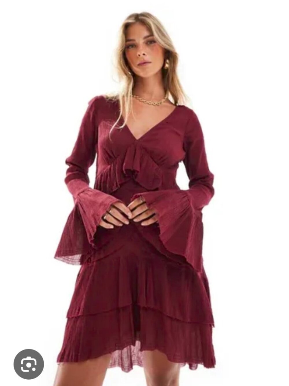 NWT ASOS Design Burgundy V-neck Mini Dress With Tiered Skirt and Lace Detail